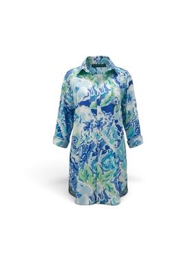 Ralph Lauren Blue, Light Blue & Green Printed Long-Sleeve Shirt Dress